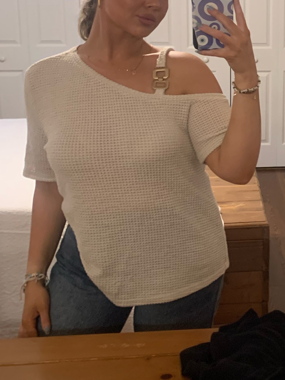 Women’s Off-Shoulder vintage Y2K Knit soccer mom Sweater - Cream